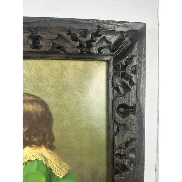 Vintage Victorian Lithograph Boy & Girl Print In Solid Wood Frame 20” X 24”